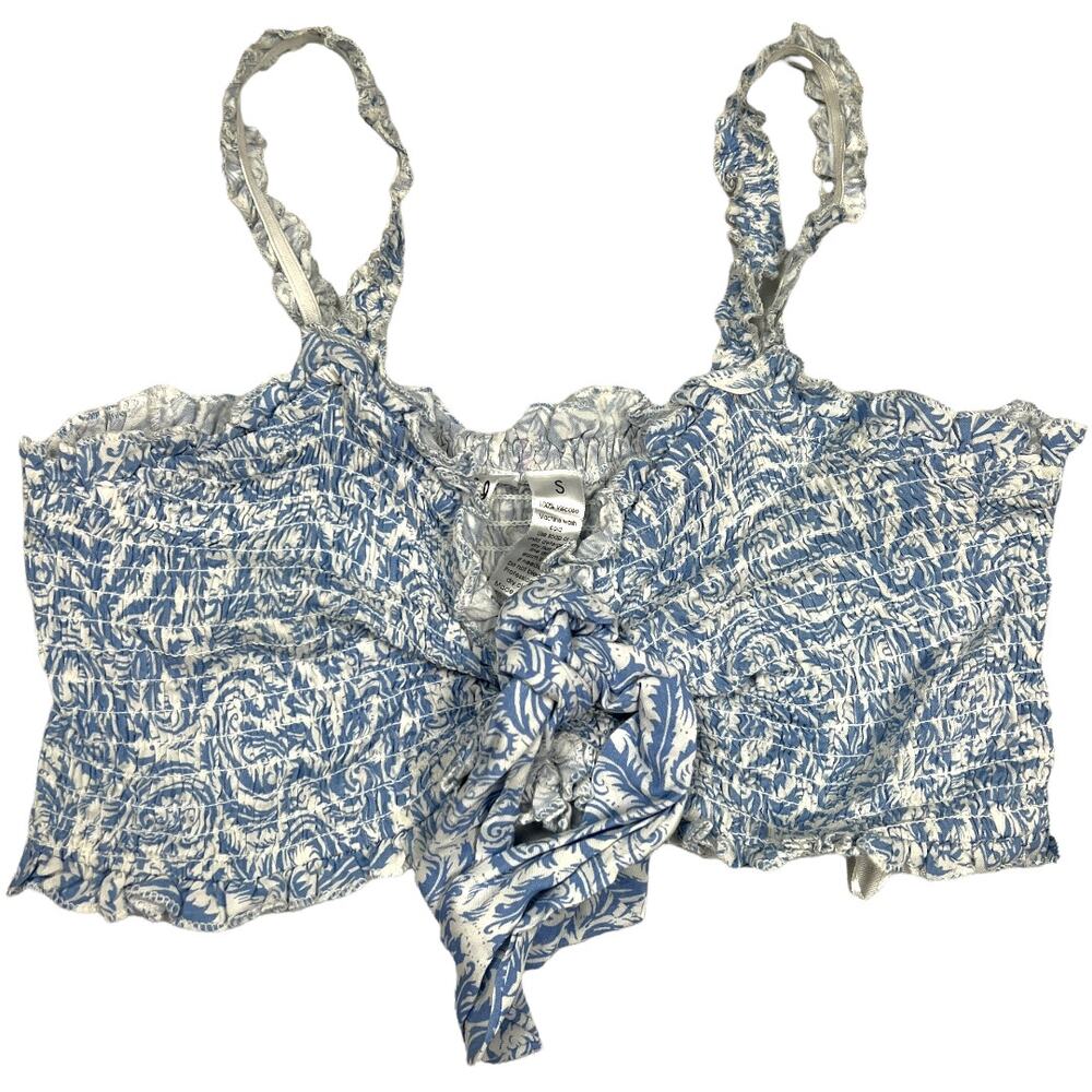 Japna Goa Beachwear Crop Top Blue White Printed Smocked Tie Front NEW Women's‎ S